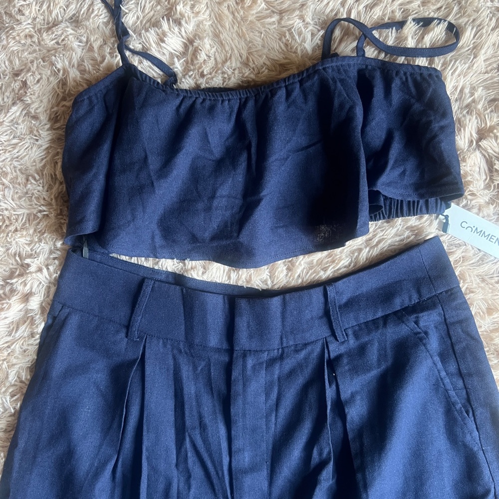 Navy 2 piece set Wide-Leg Pants Set Linen Blend Large - Picture 9 of 12